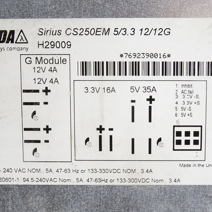 Lambda Sirius CS250EM 5/3.3 12/12G H29009 Power Supply