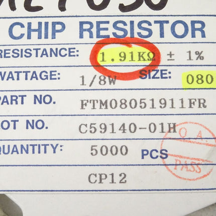 5000x SMD Widerstände 1/8W / 1.91K Ohm / 0805 CP12