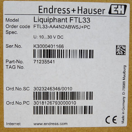 Endress+Hauser Liquiphant Grenzschalter FTL33 FTL33-AA4N2ABW5J+PC 71235541 / Neu OVP