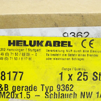 Helukabel 98177 T&B gerade Typ 9362 M20x1.5 Schlauch NW1/2" / Inhalt : 25 Stück / Neu