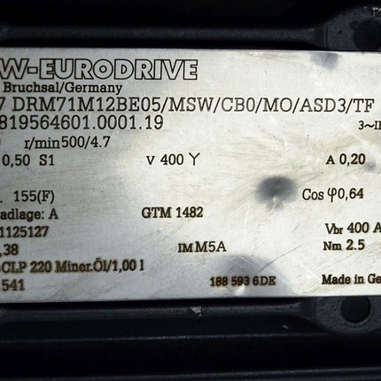 SEW Eurodrive Getriebemotor KF37 DRM71M12BE05/MSW/CB0/MO/ASD3/TF 500/4.7 r/min i106,38