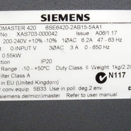 Siemens Micromaster420 6SE6420-2AB15-5AA1 0.55kW mit BOP 6SE6400-0BP00-0AA0