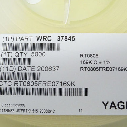 5000x YAGEO SMD Widerstand 169K Ohm  / WRC 37845 / RT0805FRE07169K / 0805