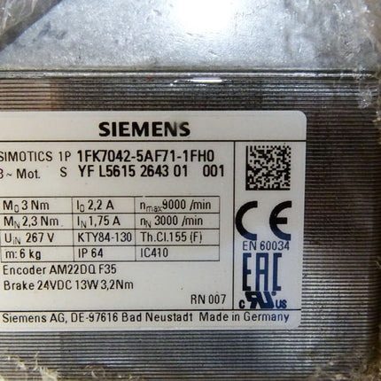 Siemens Simotics Servomotor 1FK7042-5AF71-1FH0 3000/min 0,82kW / Neu OVP