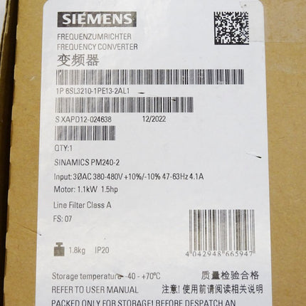 Siemens Sinamics Frequenzumrichter 1.1kW 6SL3210-1PE13-2AL1 / Neu OVP