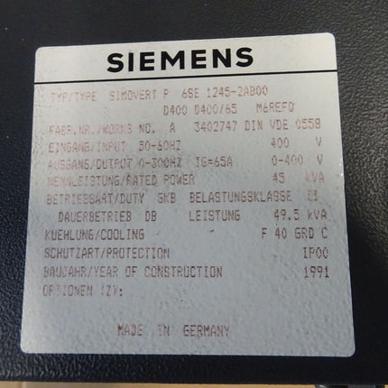 Siemens 6SE1245-2AB00 / 6SE 1245-2AB00 SIMOVERT P 45KVA 3 AC 380/415V