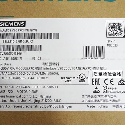 Siemens Sinamics V90 Profinet 6SL3210-5FB10-2UF2 / Neu OVP