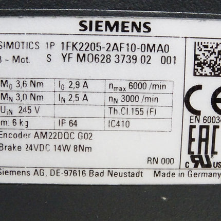 Siemens Simotics Servomotor 1FK2205-2AF10-0MA0 6000min-1 / Neu