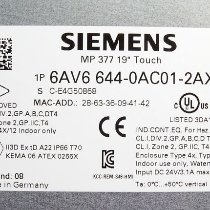 Siemens MP377 19" Touchpanel 6AV6644-0AC01-2AX1 6AV6 644-0AC01-2AX1