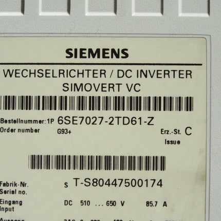 Siemens Simovert Wechselrichter 6SE7027-2TD61-Z mit Optionskarte G93 6SE7090-0XX84-0AB0 + 6SE7090-0XX84-0FF5