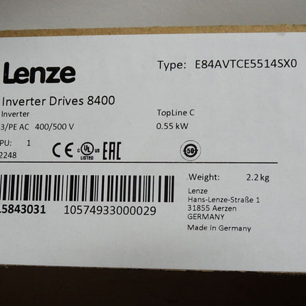 Lenze Inverter Drives 8400 15843031 E84AVTCE5514SX0 0.55kW / Neu OVP