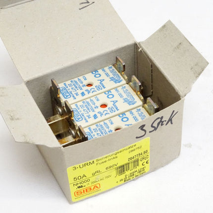 SIBA Sicherungen Fuses NH000 3URM Sicherungseinsätze 289752 50A gRL 690V 2047734.50 / Inhalt : 3 Stück / Neu OVP