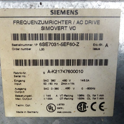 Siemens Simovert Masterdrives Vector Control Umrichtergerät 6SE7031-5EF60-Z L20 Betrieb am erdfreien Netz 75kW