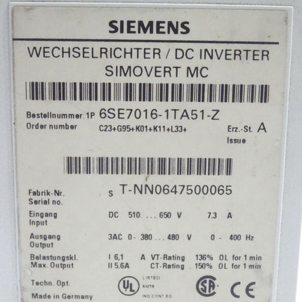 Siemens Simovert MC 6SE7016-1TA51-Z Wechselrichter / DC Inverter