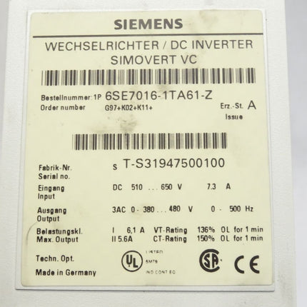 Siemens Simovert Wechselrichter 2.2kW 6SE7016-1TA61-Z G97+K02+K11 6SE7090-0XX84-0AB0 6SE7090-0XX84-0KA0