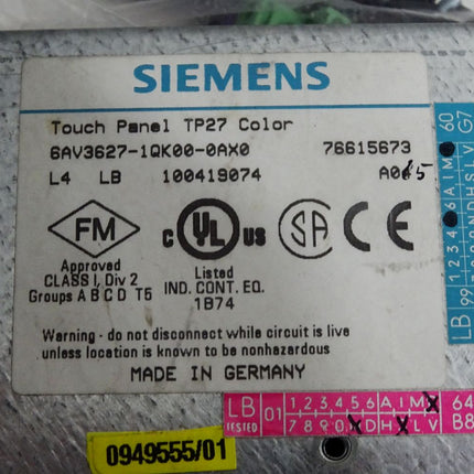 Siemens Touch Panel TP27 Color 6AV3627-1QK00-0AX0 6AV3 627-1QK00-0AX0