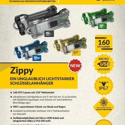 Armytek Zippy Gelb 200 lumen mini Taschenlampe Schlüsselanhänger Hunde LED Lampe