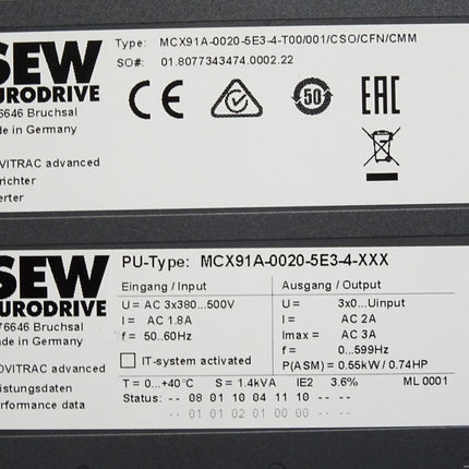 SEW Eurodrive Movitrac Umrichter 0.55kW MCX91A-0020-5E3-4-T00 Top Zustand Neuwertig