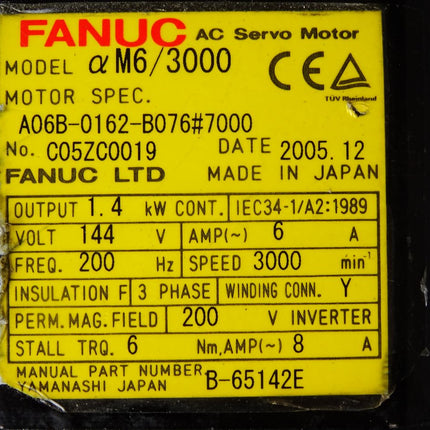 Fanuc Servomotor MDL AM6/3000 A06B-0162-B076 #7000 1.4kW 3000 min-1