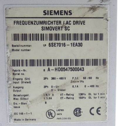 Siemens Simovert SC 6SE7016-1EA30 Wechselrichter / AC Drive