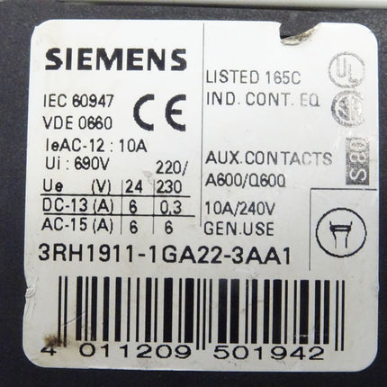 Siemens 3RH1911-1GA22-3AA1 Hilfsschütz 3RH1 911-1GA2 2-3AA1