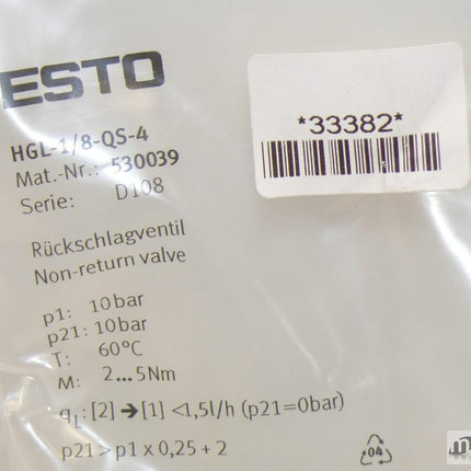 Neu-OVP: Festo HGL-1/8-QS-4 Rückschlag-Ventil  530039