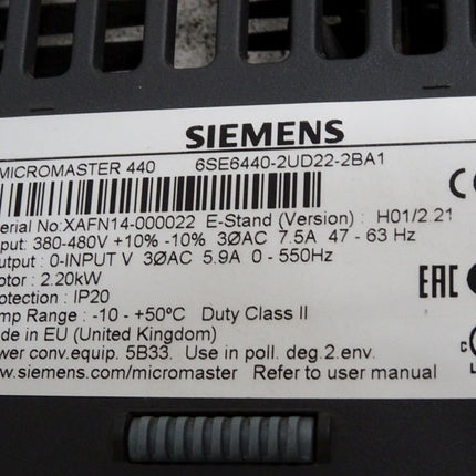 Siemens Micromaster 440 6SE6440-2UD22-2BA1 2.2kW