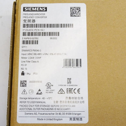 Siemens Sinamics Frequenzumrichter 2.2kW 6SL3210-1PE16-1AL1 / Neu OVP