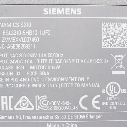 Siemens Sinamics S210 6SL3210-5HB10-1UF0 0.1kW