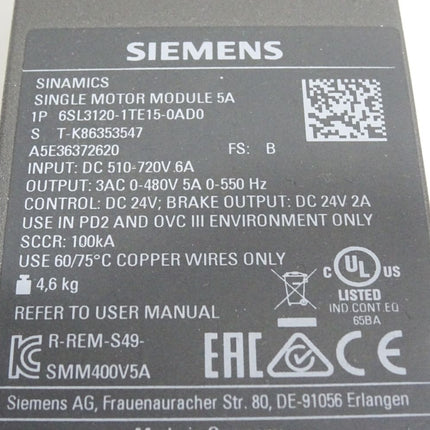 Siemens Sinamics Single Motor Module 6SL3120-1TE15-0AD0