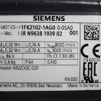 Siemens Simotics Servomotor 1FK2102-1AG00-0SA0 3000U/min / Unbenutzt Lagerspuren