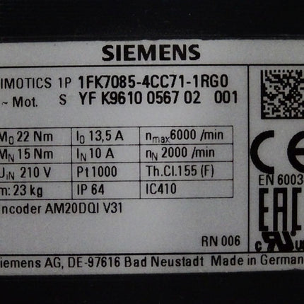 Siemens Simotics Servomotor 2000min-1 1FK7085-4CC71-1RG0 / Neuwertig