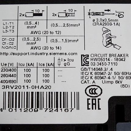 Siemens Leistungsschalter 3RV2011-0HA20 / unbenutzt