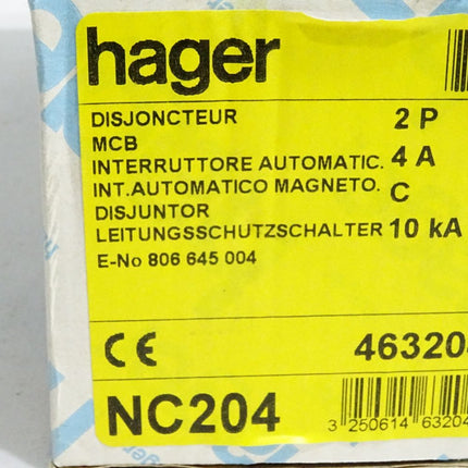 Hager Leitungsschutzschalter NC204 C4 463204 / Inhalt : 1 Stück / Neu