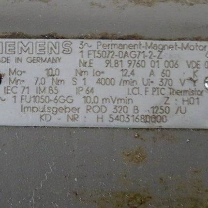 Siemens 1FT5072-0AG71-2-Z / Z:H01 Brushless Servomotor