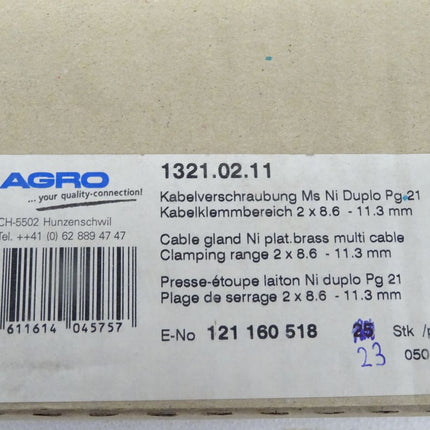 Agro 1321.02.11 Kabelverschraubung Messing Ni Duplo Pg21 / Inhalt:23Stück / Neu OVP