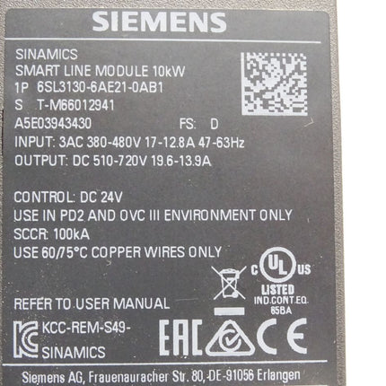 Siemens Sinamics Smart Line Module 10KW 6SL3130-6AE21-0AB1