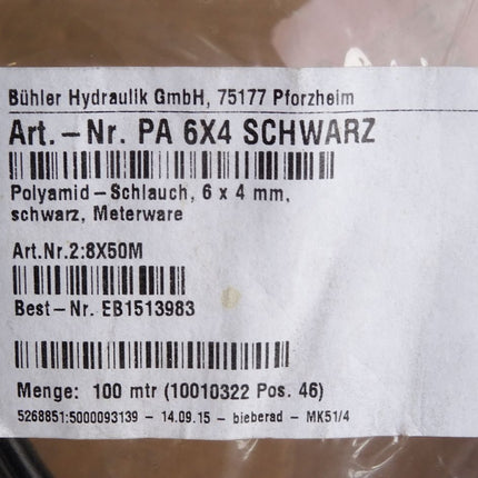 Bühler Hydraulik PA10.12PHL Polyamid Schlauch 6 x 4 mm ca.50m / Neu