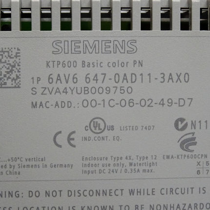 Siemens KTP600 Basic color PN 6AV6647-0AD11-3AX0 6AV6 647-0AD11-3AX0