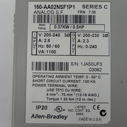 Allen-Bradley 160-AA02NSF1P1 Analog S.F Series C