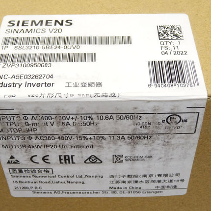 Siemens Sinamics V20 6SL3210-5BE24-0UV0 6SL3 210-5BE24-0UV0 / Neu OVP versiegelt