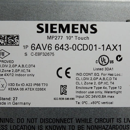 Siemens MP277 10" Touch Panel 6AV6643-0CD01-1AX1 6AV6 643-0CD01-1AX1