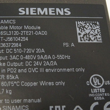 Siemens Sinamics S120 Double Motor Module 6SL3120-2TE21-0AD0