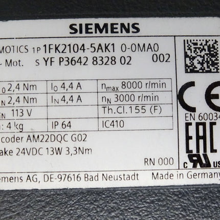 Siemens Simotics 1FK2104-5AK10-0MA0 S-1FK2 HD Servomotor 1,07kW 6000U/min