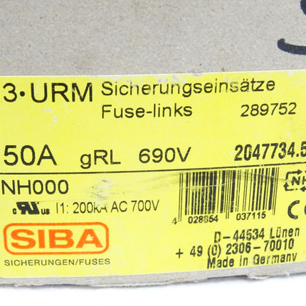 SIBA Sicherungen Fuses NH000 3URM Sicherungseinsätze 289752 50A gRL 690V 2047734.50 / Inhalt : 3 Stück / Neu OVP