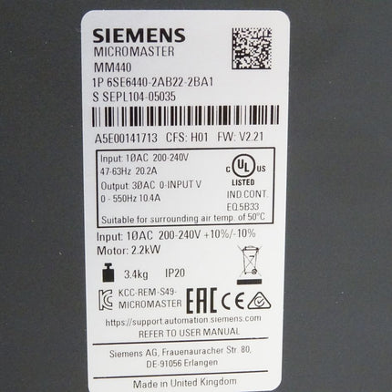 Siemens Micromaster MM440 6SE6440-2AB22-2BA1 2.2kW / Neu