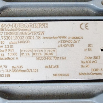 SEW Eurodrive Getriebemotor K57DRS90L4BE5/TF/2W K57 DRS90L4BE5/TF/2W 1400/39r/min 2.2kW i35.70 Unbenutzt