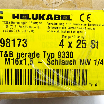 Helukabel 98173 T&B gerade Typ 9330 M16x1.5 Schlauch NW 1/4" / Inhalt:15 Stück / Neu OVP