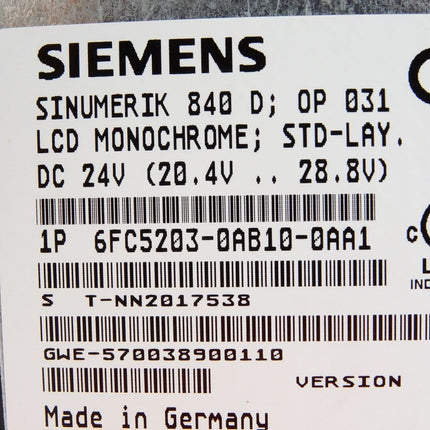 Siemens Sinumerik 840D Flachbedientafel OP031 Panel 6FC5203-0AB10-0AA1 Version A / Neuwertig