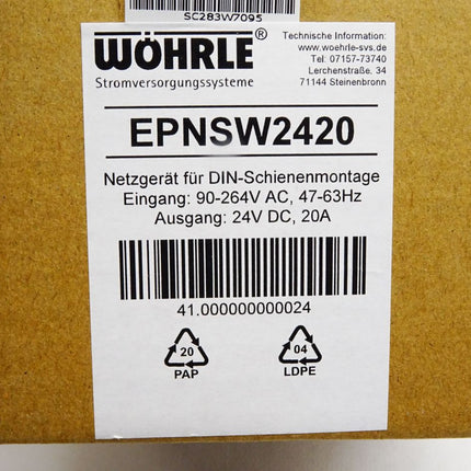 Wöhrle EPNSW2420 Netzgerät für DIN-Schienenmontage 24VDC 20A / Neu OVP